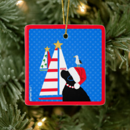Zeilende Kerstman Zwarte Hond en Vogel Vriend Kers Keramisch Ornament