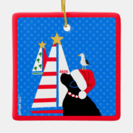 Zeilende Kerstman Zwarte Hond en Vogelvriend Kerst Keramisch Ornament