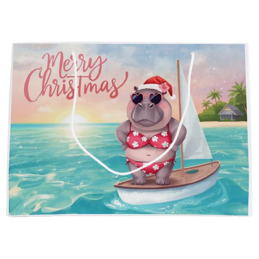 Zeilende nijlpaard Kerst Bikini op grote golf Groot Cadeauzakje (Voorkant)