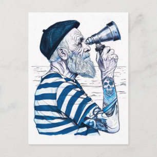 Zeiler die door verrekijker naar verre haven kijkt briefkaart