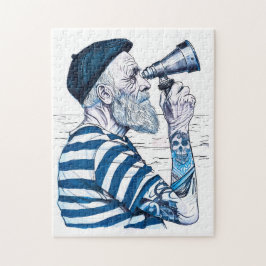 Zeiler die door verrekijker naar verre haven kijkt legpuzzel