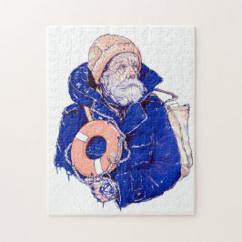 Zeiler die reddingsboei vasthoudt en een oranje ge legpuzzel