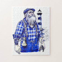 Zeiler met bel staand bij kustvuurtoren legpuzzel