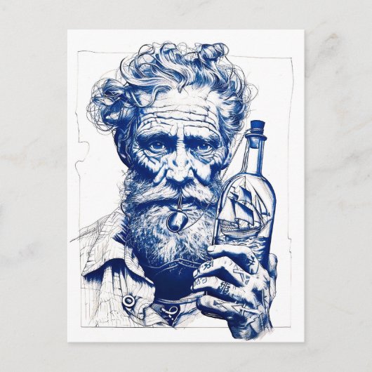 Zeiler met fles met klein modelschip briefkaart (Voorkant)