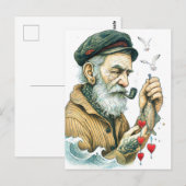Zeiler met pijp en kleine harten briefkaart (Voorkant / Achterkant)