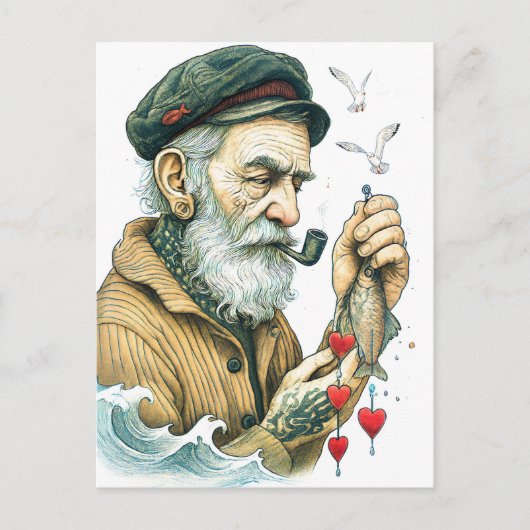 Zeiler met pijp en kleine harten briefkaart (Voorkant)