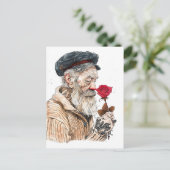 Zeiler met rode roos in romantische setting; fles  briefkaart (Staand voorkant)