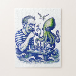 Zeiler speelt schaken met grote nieuwsgierige octo legpuzzel