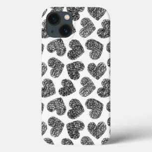 Zeilige zwarte en witte hartjes patroon iPhone 13 hoesje