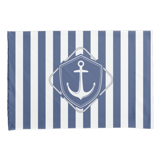 Zeilleven, kobaltblauwe strepen & Anker Kussensloop (Voorkant-Rechts)