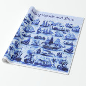  ZEILSCHEPEN ,SHIPS, Navy Blue Nautical Cadeaupapier (Uitgerold)