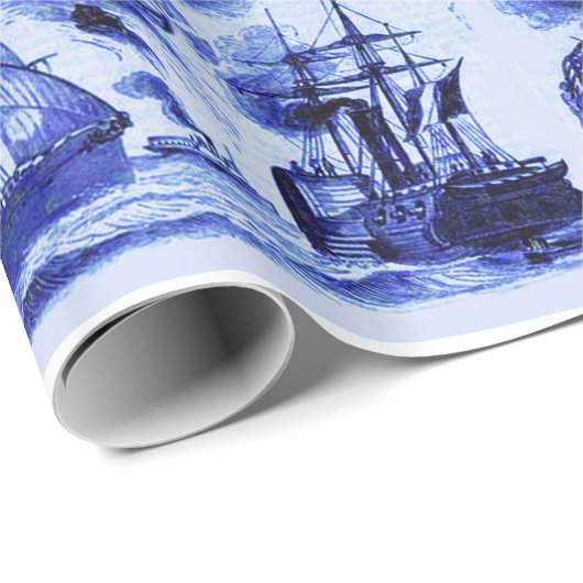  ZEILSCHEPEN ,SHIPS, Navy Blue Nautical Cadeaupapier (Rol Hoek)