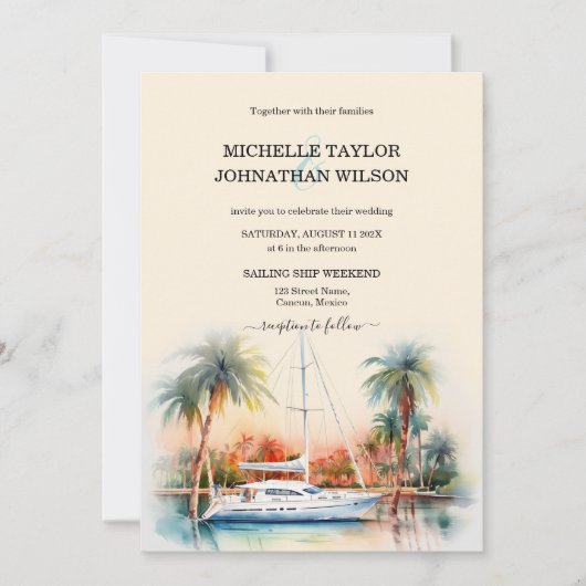 Zeilschip Bestemming Bruiloft Palm Trees Strand Kaart (Voorkant)