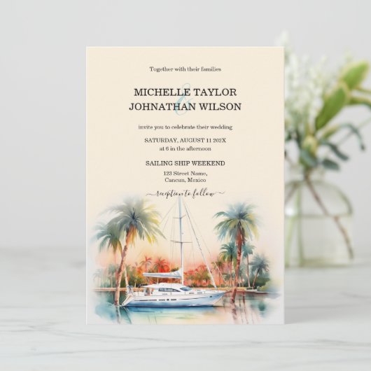 Zeilschip Bestemming Bruiloft Palm Trees Strand Kaart (Staand voorkant)
