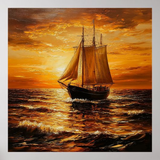 Zeilschip bij zonsondergang met Golden Sky Poster (Voorkant)