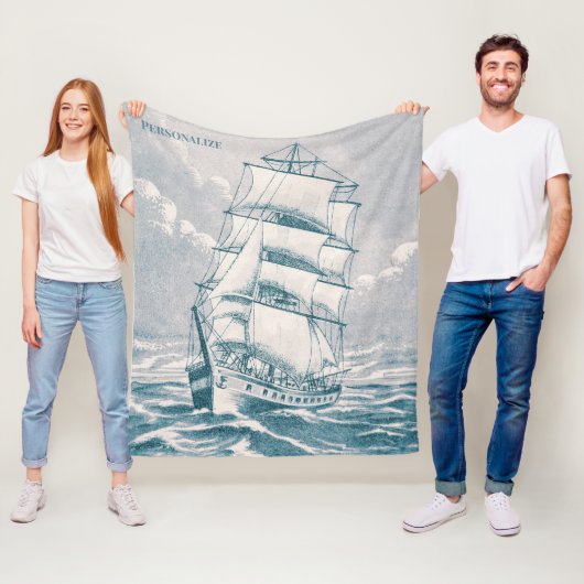   zeilschip Blauwgroen Nautisch Fleece Deken (In situ)