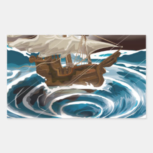 Zeilschip dat in een draaikolk in zee valt rechthoekige sticker