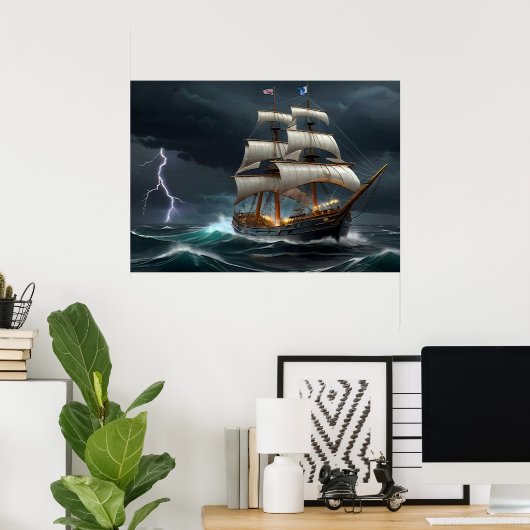 Zeilschip en Lightning Art Poster (Thuiskantoor)