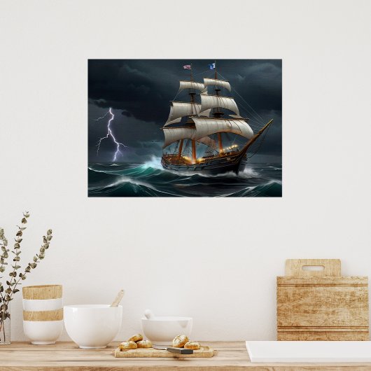 Zeilschip en Lightning Art Poster (Keuken)