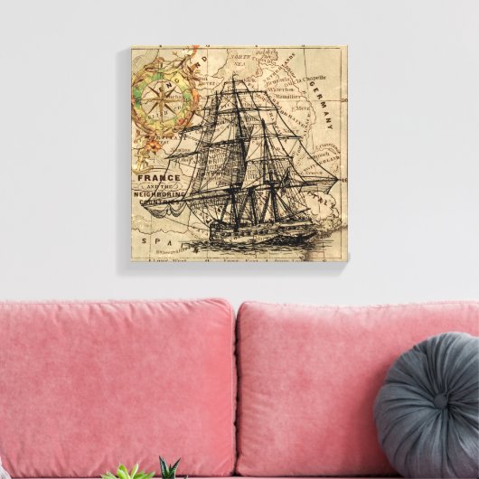 zeilschip en oude Europese kaart Canvas Afdruk (Insitu (Woonkamer))
