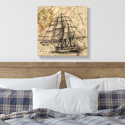 zeilschip en oude Europese kaart Canvas Afdruk (Insitu (Slaapkamer))