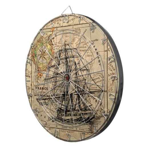 zeilschip en oude Europese kaart Dartbord (Voorkant Rechts)