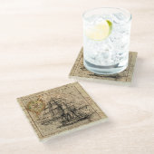  zeilschip en oude Europese kaart Glazen Onderzetter (Schuin)