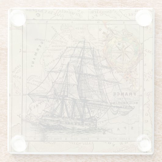  zeilschip en oude Europese kaart Glazen Onderzetter (Achterkant)