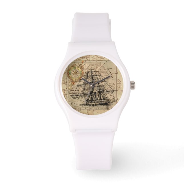  zeilschip en oude Europese kaart Horloge (Voorkant)