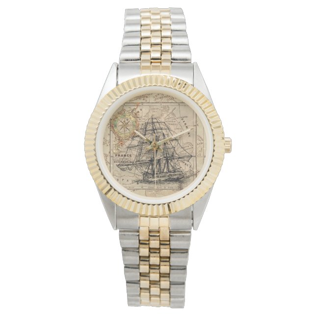  zeilschip en oude Europese kaart Horloge (Voorkant)