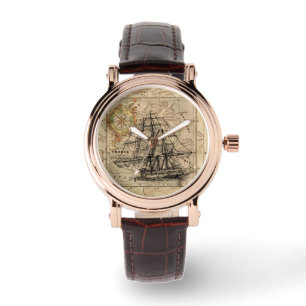  zeilschip en oude Europese kaart Horloge