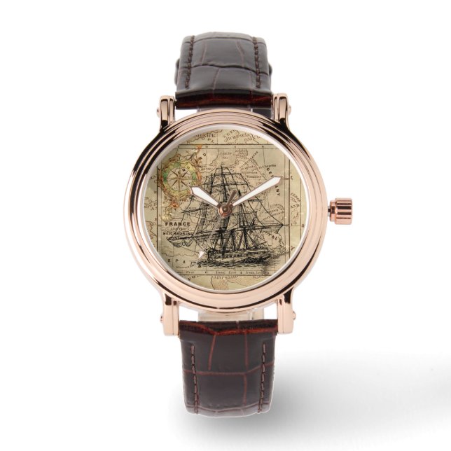  zeilschip en oude Europese kaart Horloge (Voorkant)