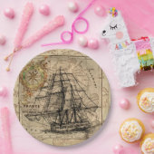  zeilschip en oude Europese kaart Papieren Bordje (Feest)