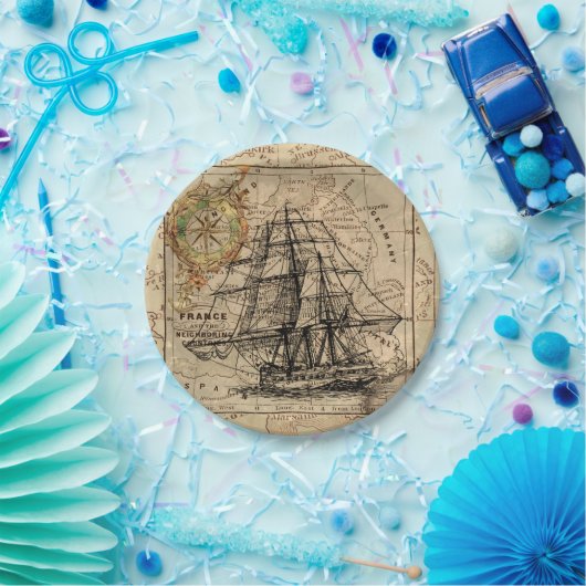  zeilschip en oude Europese kaart Papieren Bordje (Feest)