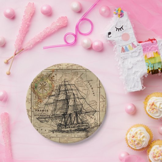  zeilschip en oude Europese kaart Papieren Bordje (Feest)