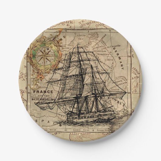  zeilschip en oude Europese kaart Papieren Bordje (Voorkant)