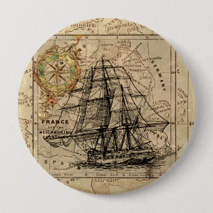 zeilschip en oude Europese kaart Ronde Button 4,0 Cm
