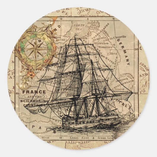  zeilschip en oude Europese kaart Ronde Sticker (Voorkant)