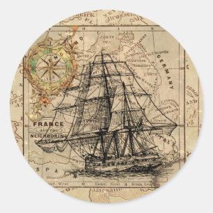 zeilschip en oude Europese kaart Ronde Sticker