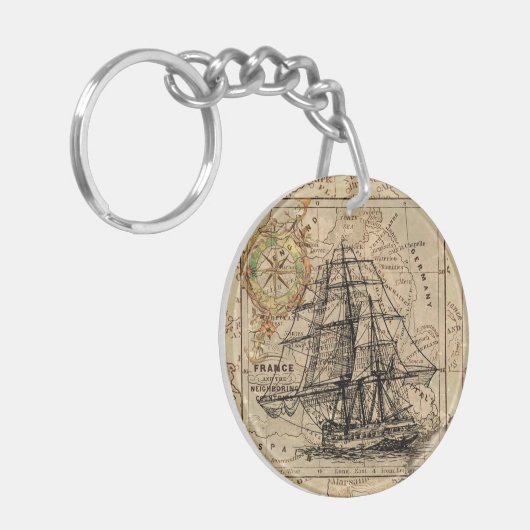  zeilschip en oude Europese kaart Sleutelhanger (Voorkant Links)