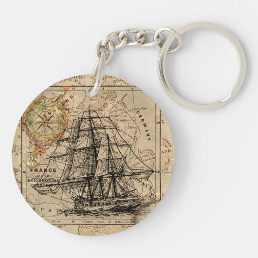 zeilschip en oude Europese kaart Sleutelhanger (Achterkant)