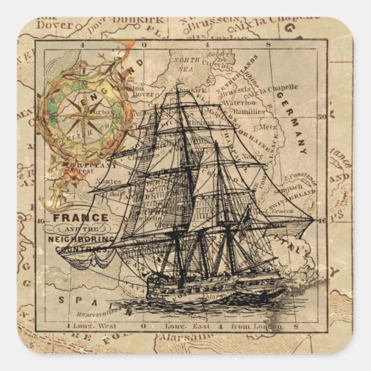 zeilschip en oude Europese kaart Vierkante Sticker (Voorkant)