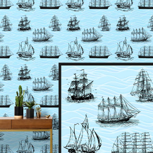 Zeilschip Illustraties op Blue Waves Behang