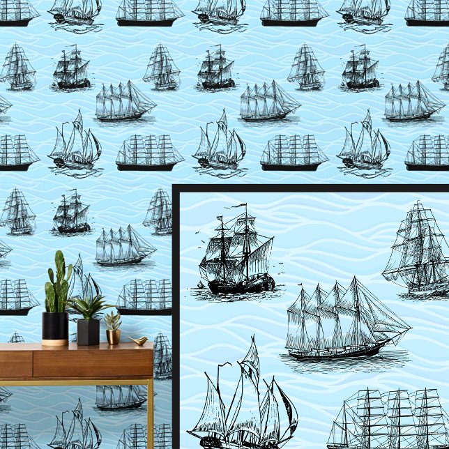 Zeilschip Illustraties op Blue Waves Behang (Creator heeft geüpload)