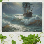 Zeilschip in de oceaan theedoek (Gevouwen)