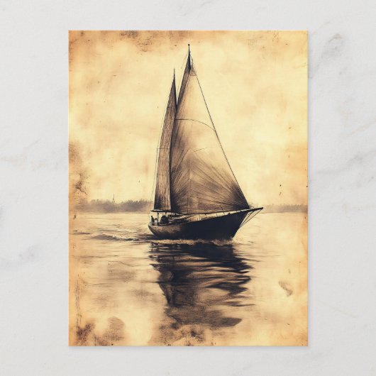 Zeilschip in houtskool op perkament briefkaart (Voorkant)
