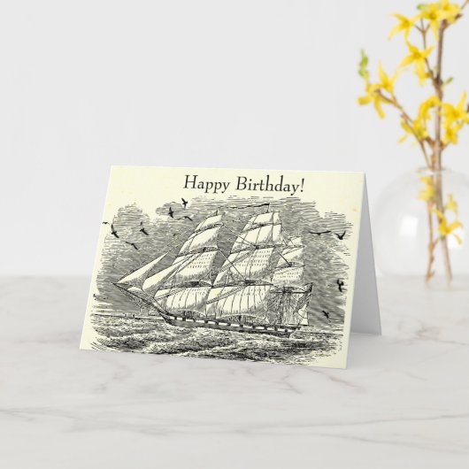 zeilschip met verjaardagsgravure kaart (Gele Bloem)