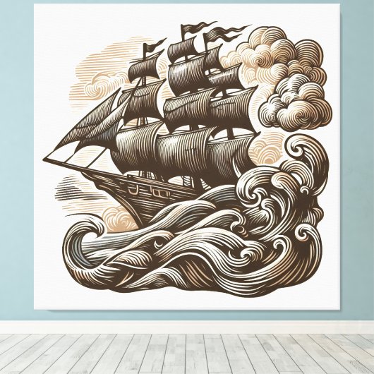 Zeilschip op het Open Zee -  gegraveerd Canvas Afdruk (Insitu (Houten vloer))