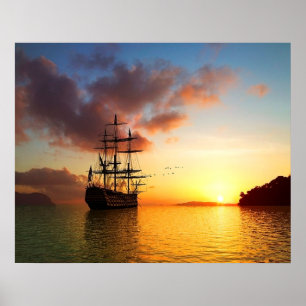 Zeilschip op zomerzonsondergang, romantische foto poster