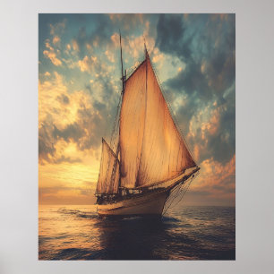 Zeilschip tegen een zonsondergang poster
